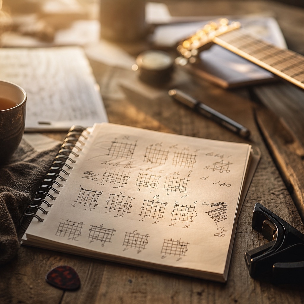 Cahier de grilles d'accords manuscrites posé sur une table en bois, capodastre et médiator à côté, tasse de thé fumante