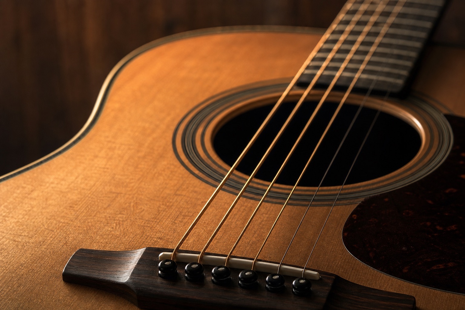 Gros plan sur les six cordes de bronze d'une guitare folk posée sur son pied, lumière latérale douce