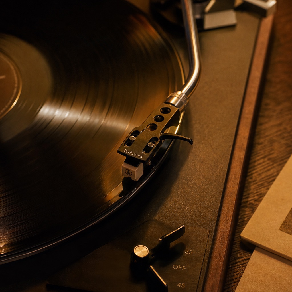 Ambiance : un disque vinyle noir tournant sur une platine, sous une lumière chaude